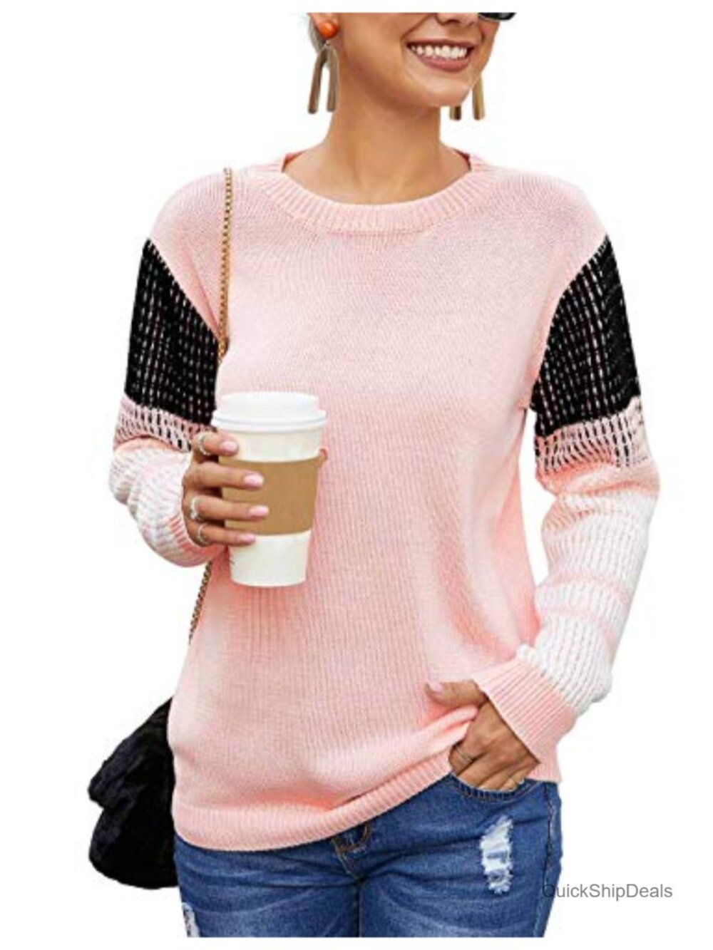 Contrast Sleeve Knit Pullover Sweater Crewneck Cute Long Sleeve Jumper